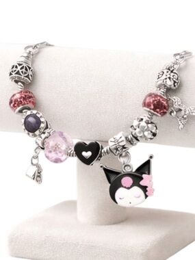NWT Kuromi Charm Bracelet Silver Pink Purple Crystal Beads & Dangles